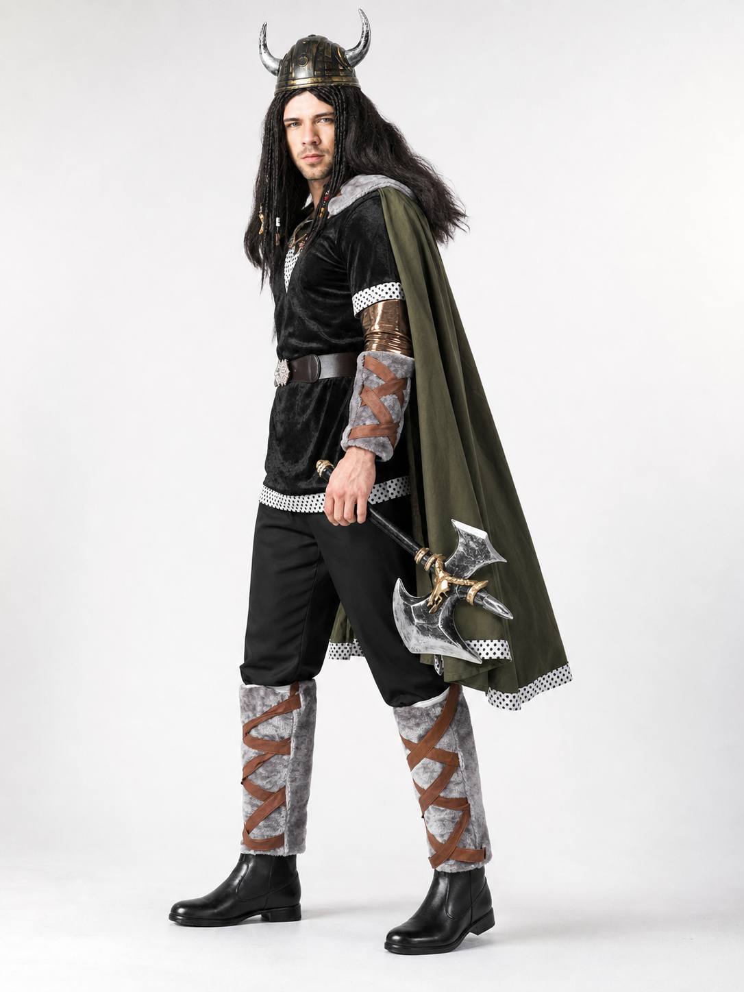 Viking Costume with Horned Helmet and Cape