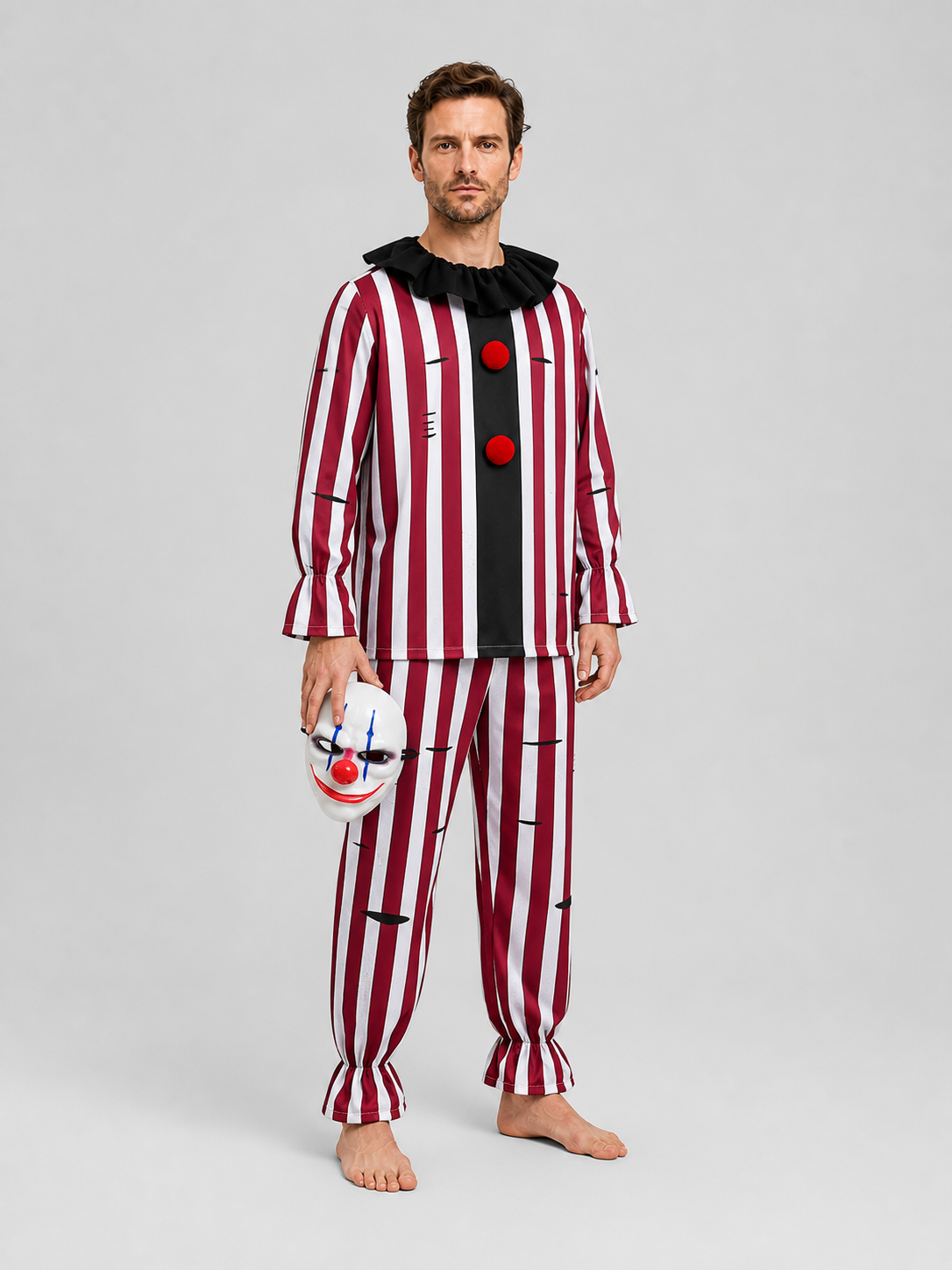 Scary Clown Costume with Mask, Red and White Stripes side view