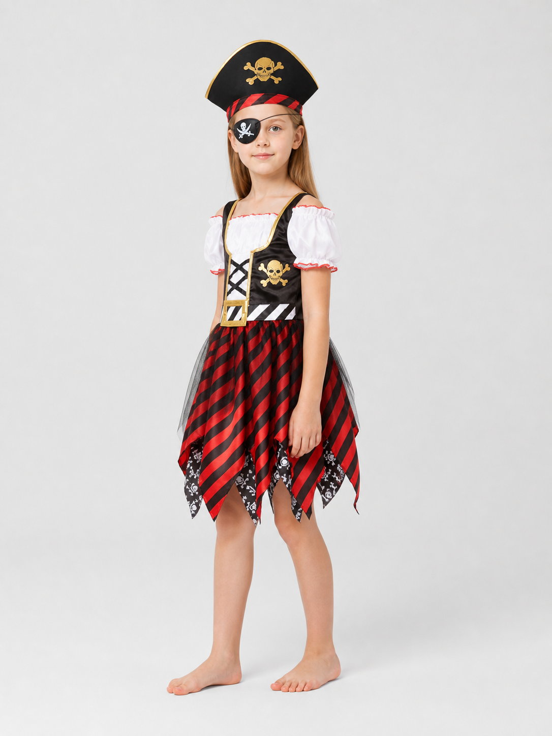 Kids' Pirate Costume: Striped Dress, Hat, and Eyepatch side view