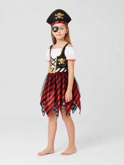 Kids' Pirate Costume: Striped Dress, Hat, and Eyepatch side view