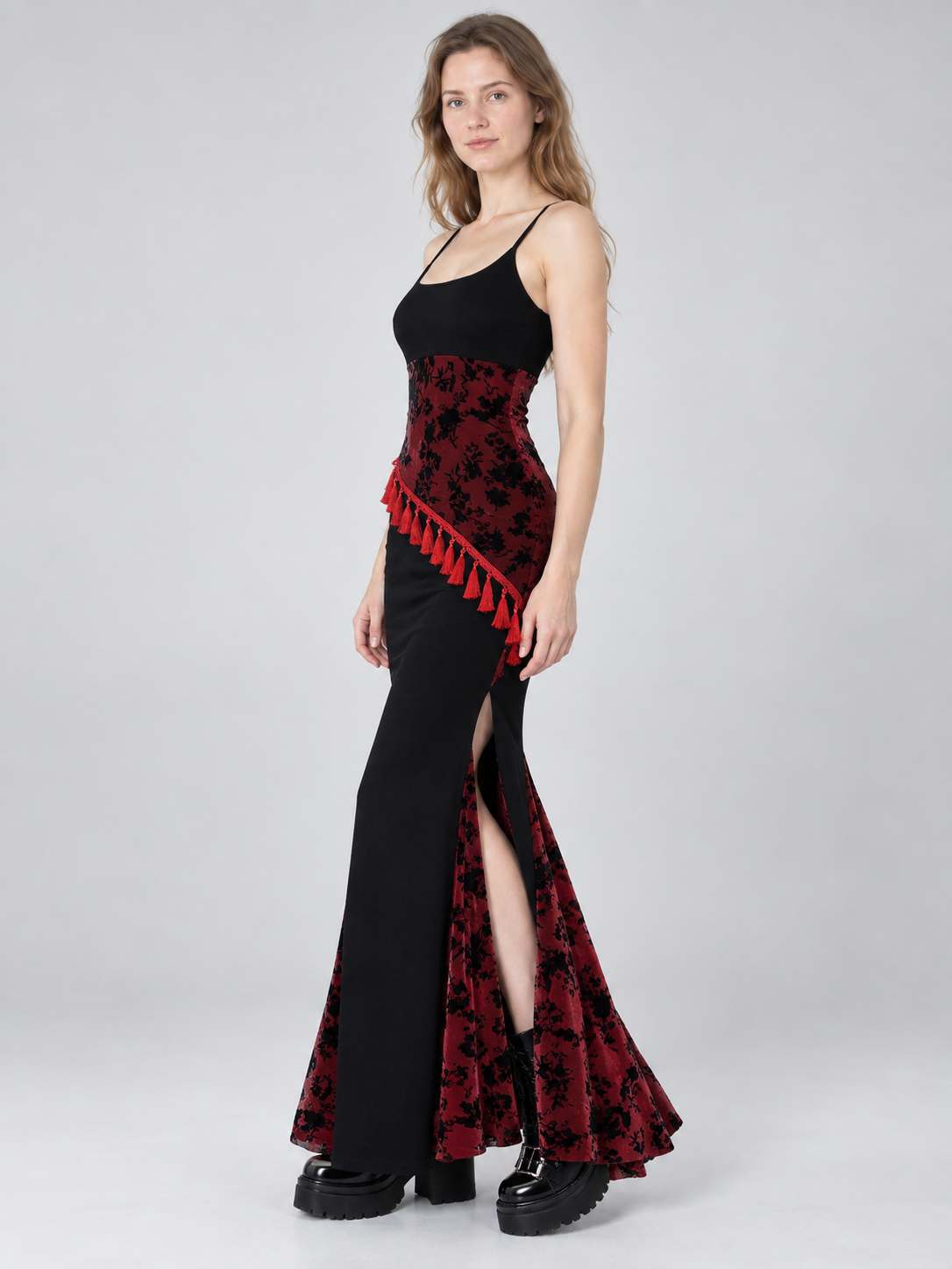 Gothic Black and Red Maxi Dress with Fringe