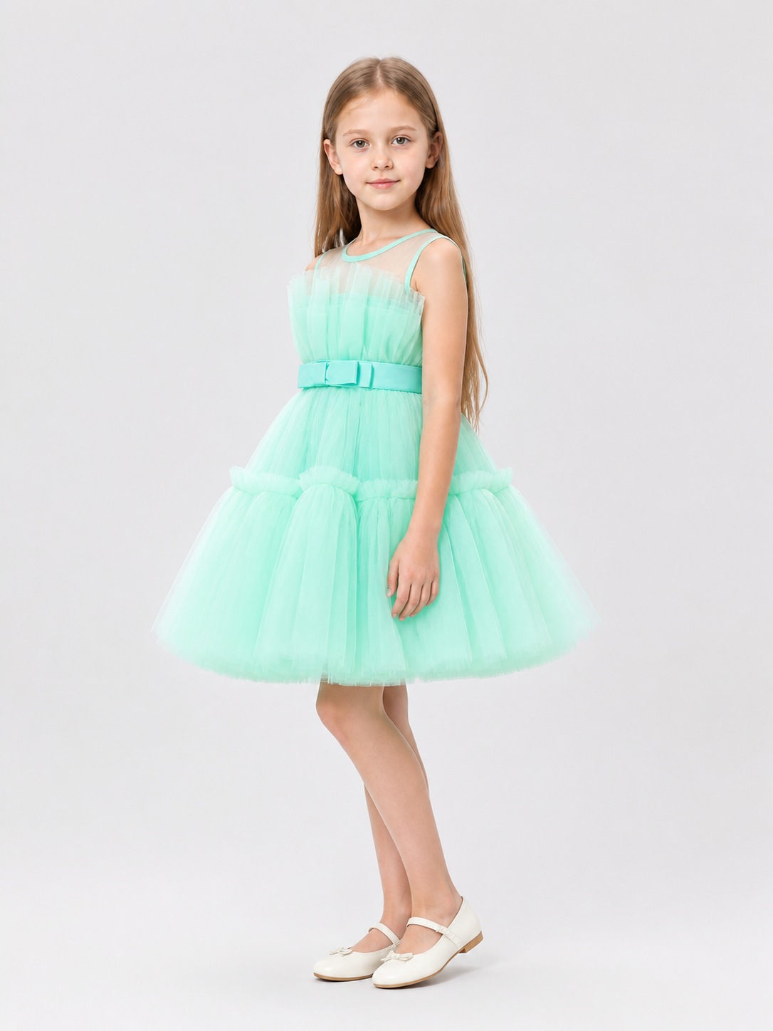 Mint Green Girls' Dress with Full Skirt and Bow side view