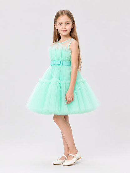 Mint Green Girls' Dress with Full Skirt and Bow side view