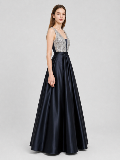 Elegant floor-length dress with a V-neckline