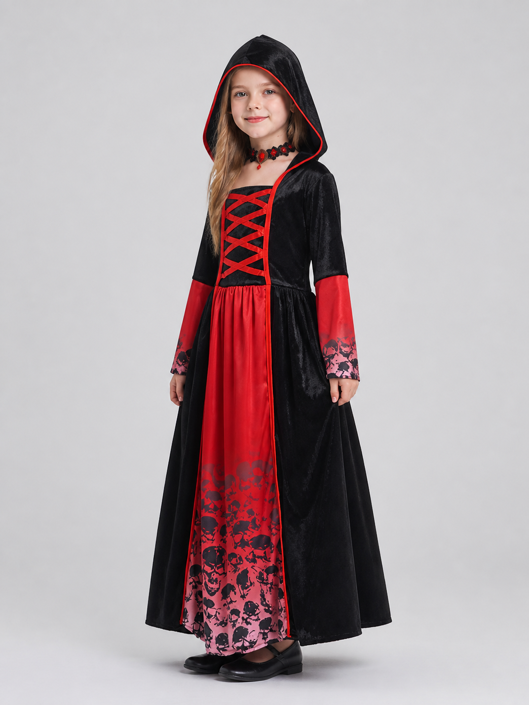 Children's Witch Costume Dress with Skulls and Hood side view