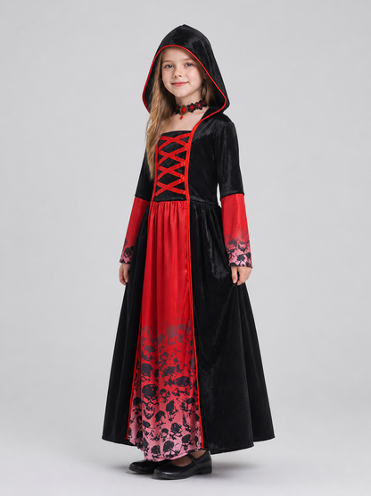 Children's Witch Costume Dress with Skulls and Hood side view