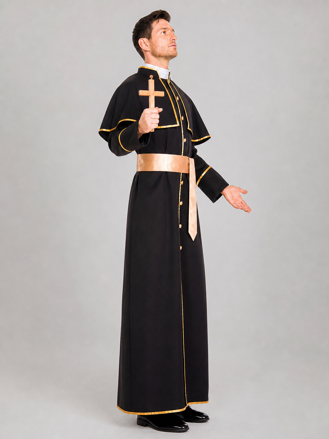 Long cosplay cassock with gold buttons
