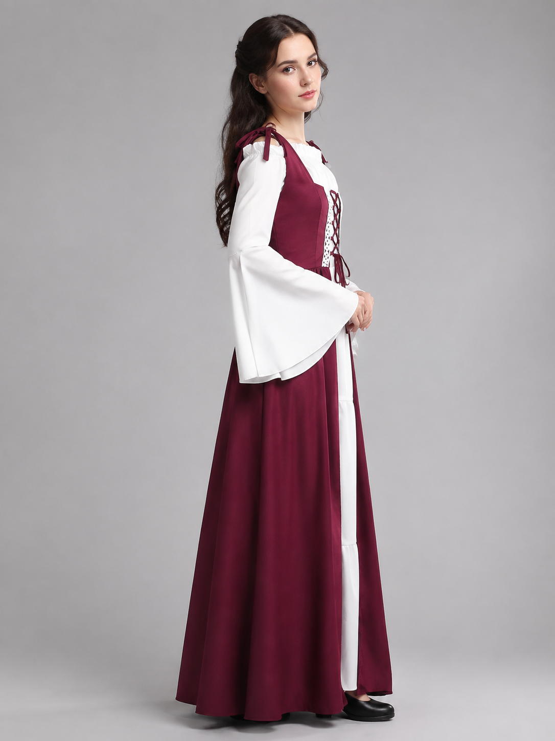 Burgundy Victorian-Style Dress with White Inserts side view