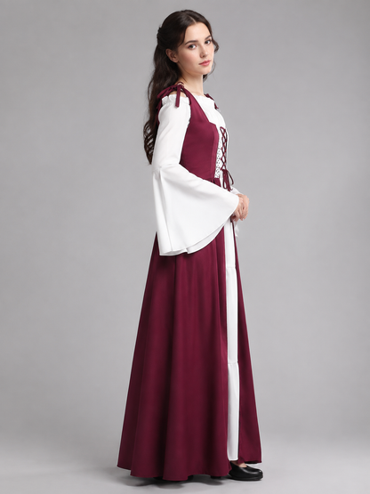 Burgundy Victorian-Style Dress with White Inserts side view