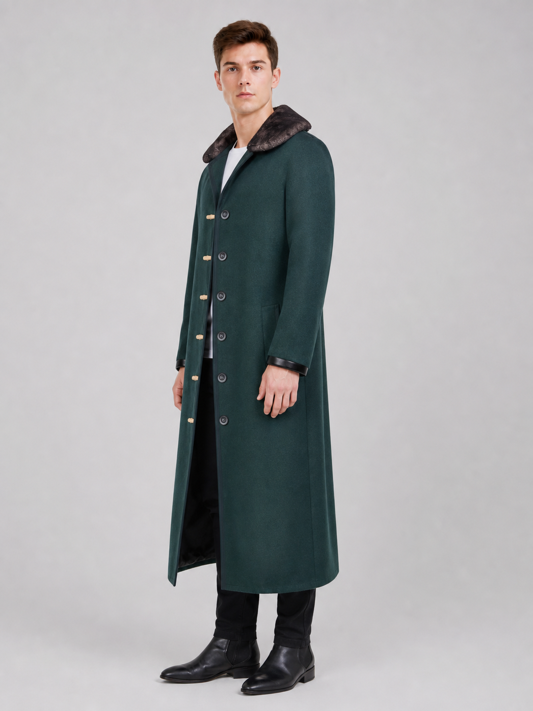 Green Long Coat with Fur Collar for Cosplay