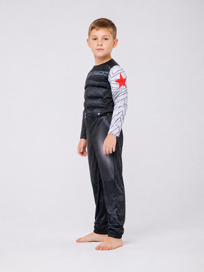 This superhero-style costume set is designed for eye-catching looks, role-play, and costume events. The set includes a one-piece jumpsuit with long sleeves and a mask or headpiece that covers the eye area. The design features an expressive 