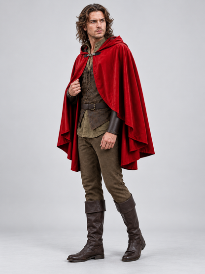 Medieval Costume with a Red Cape, Hood, and Belt