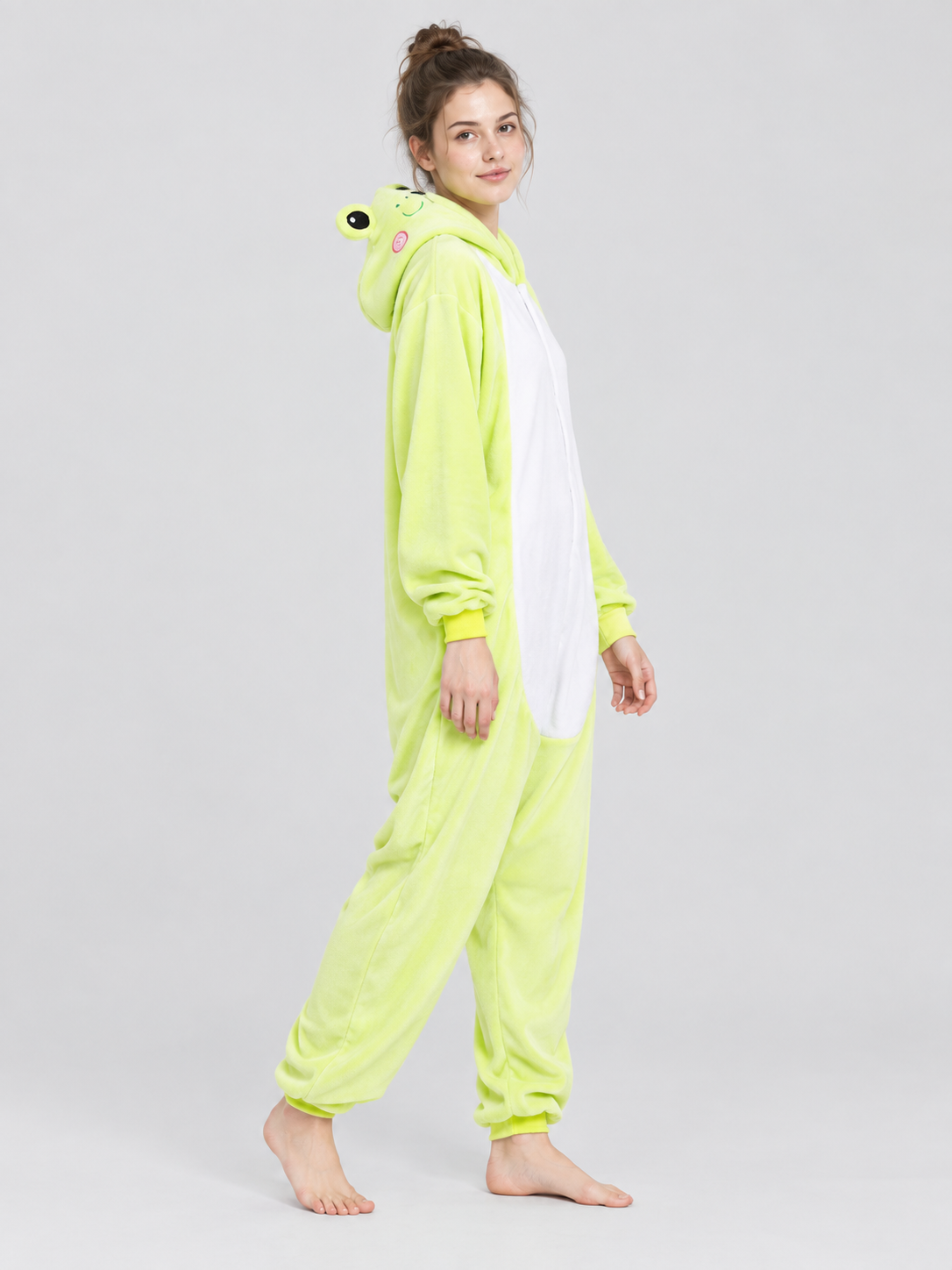 Hooded One-Piece Pajamas with Face Detail, Light Green
