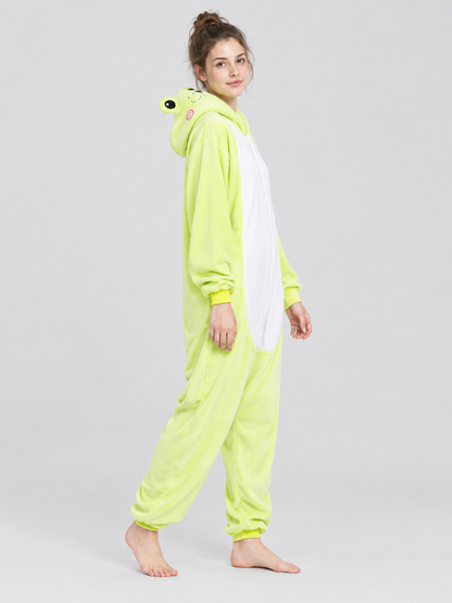 Hooded One-Piece Pajamas with Face Detail, Light Green
