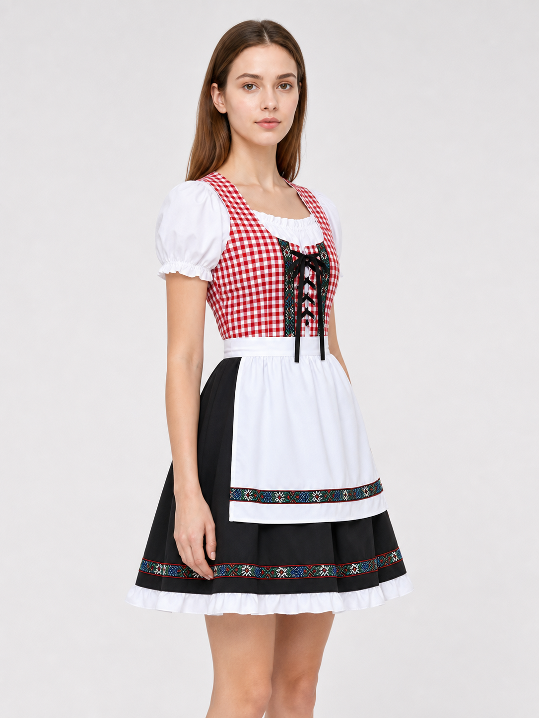 Bavarian dirndl-style costume with bonnet