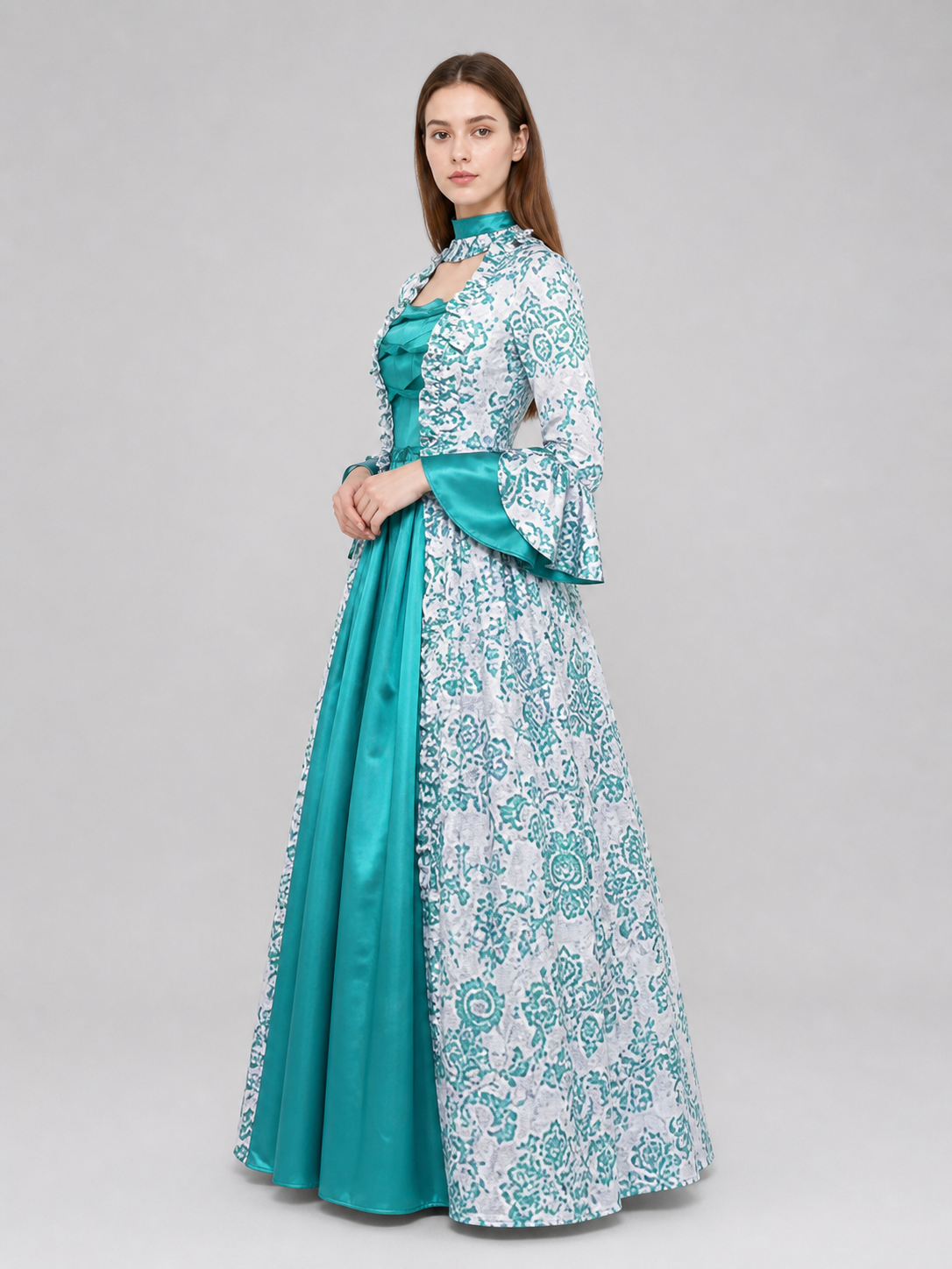 Long Dress with Pattern and Flared Sleeves