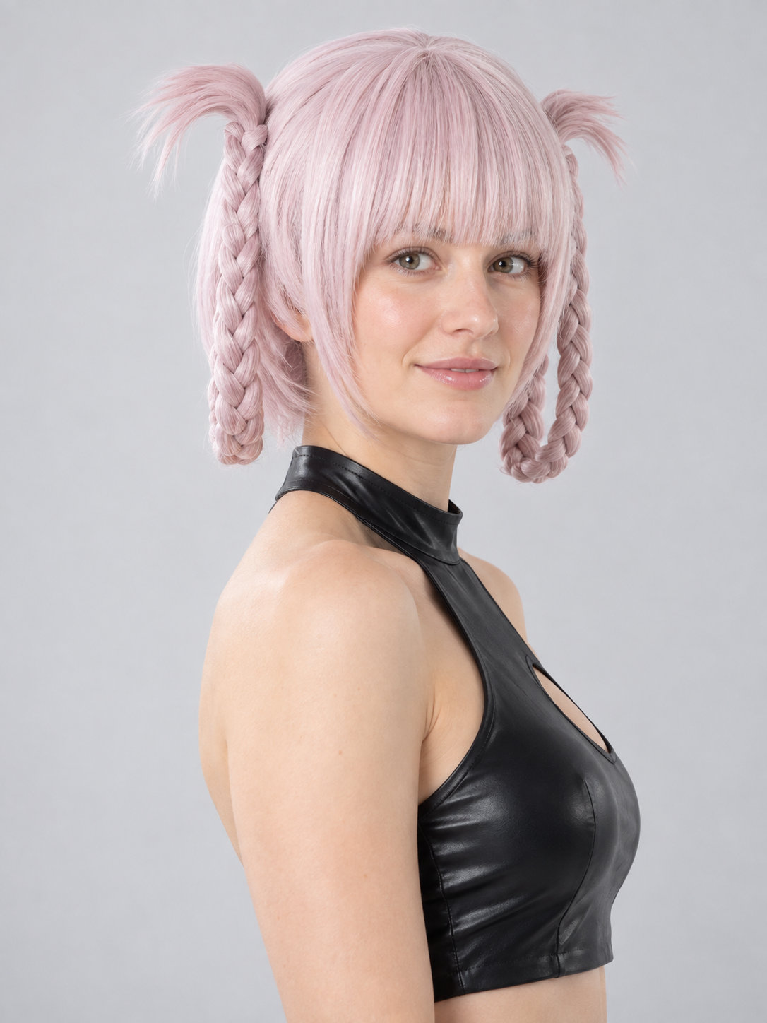 Pastel Pink Medium-Length Wig with Braids and Bangs