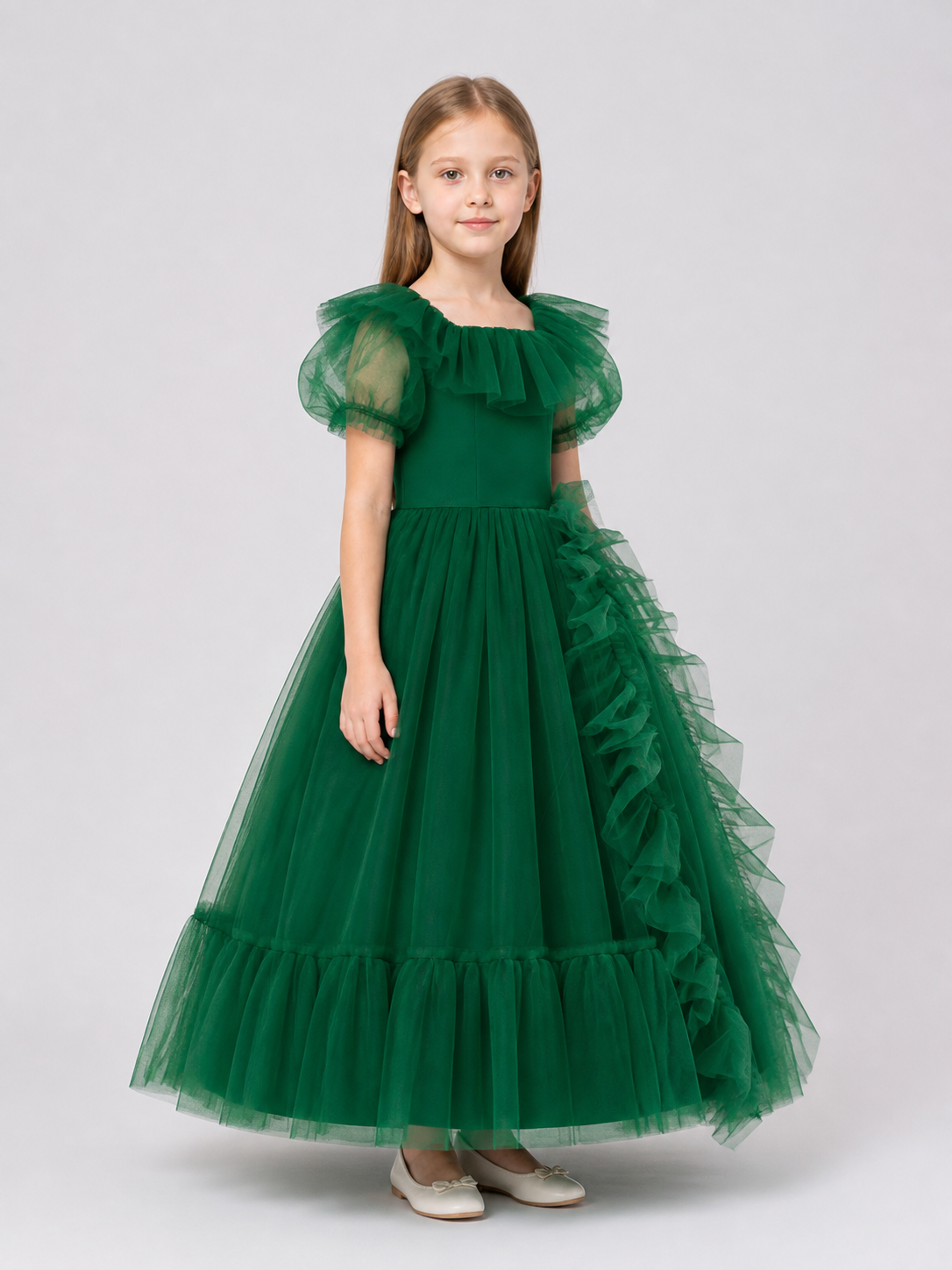 Emerald Green Princess Dress for Girls with Ruffles side view
