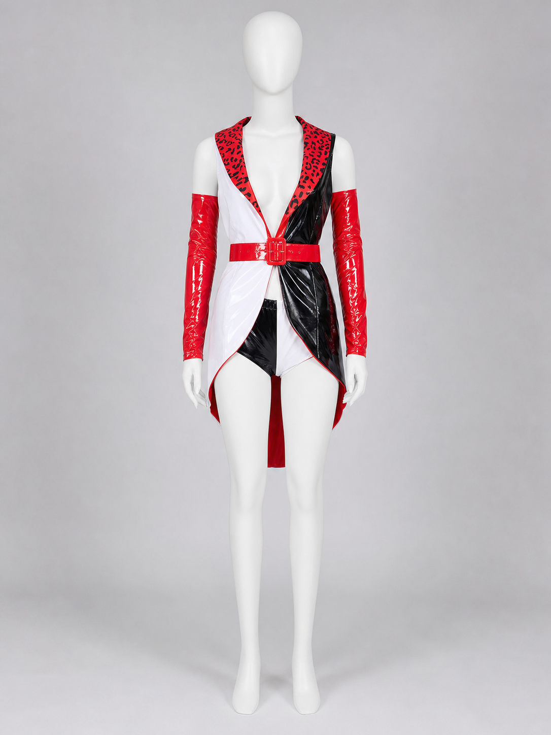 Cruella Clown Cosplay Costume, Black, White, and Red side view