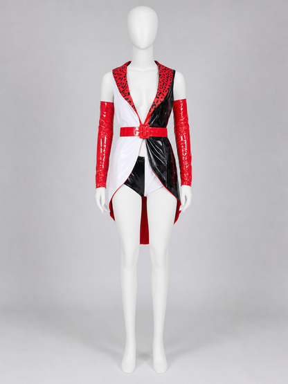 Cruella Clown Cosplay Costume, Black, White, and Red side view