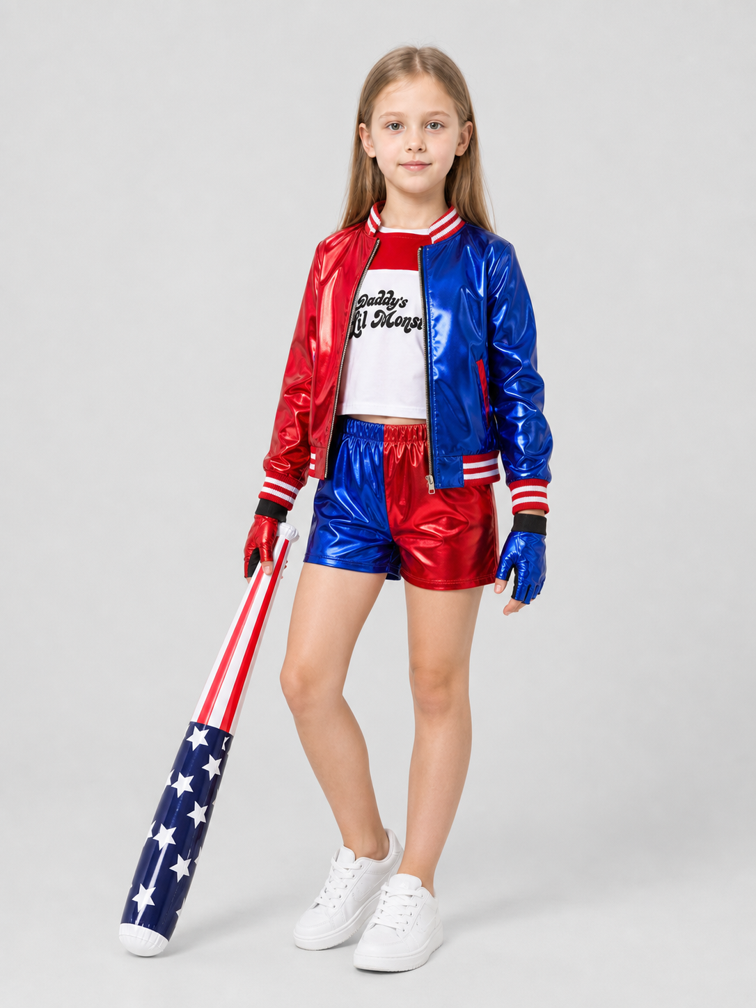 Harley Quinn Cosplay Costume: Jacket, Shorts, and Gloves side view
