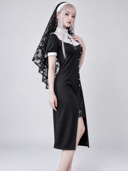 Black Carnival Dress with Cross and Veil Cape
