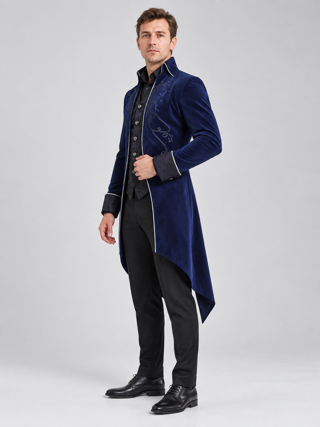 Dark Navy Long Tailcoat with Embroidery and Contrasting Cuffs