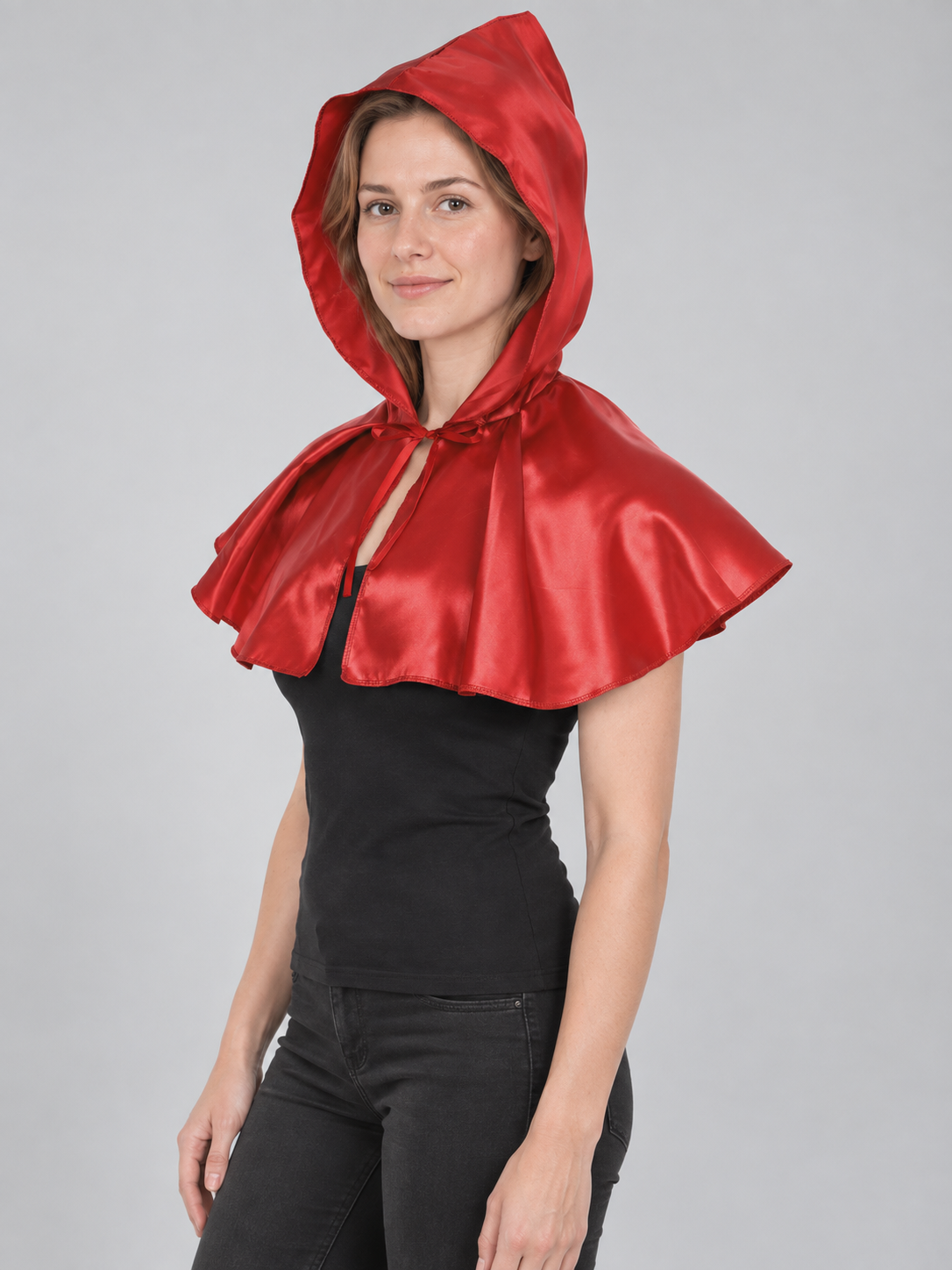 Red Short Glossy Hooded Cape with Ties