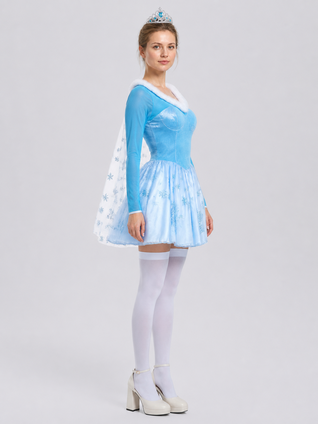 Short Princess Costume with Snowflakes and Cape, S-XL side view
