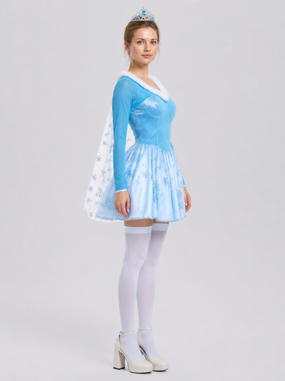 Short Princess Costume with Snowflakes and Cape, S-XL side view