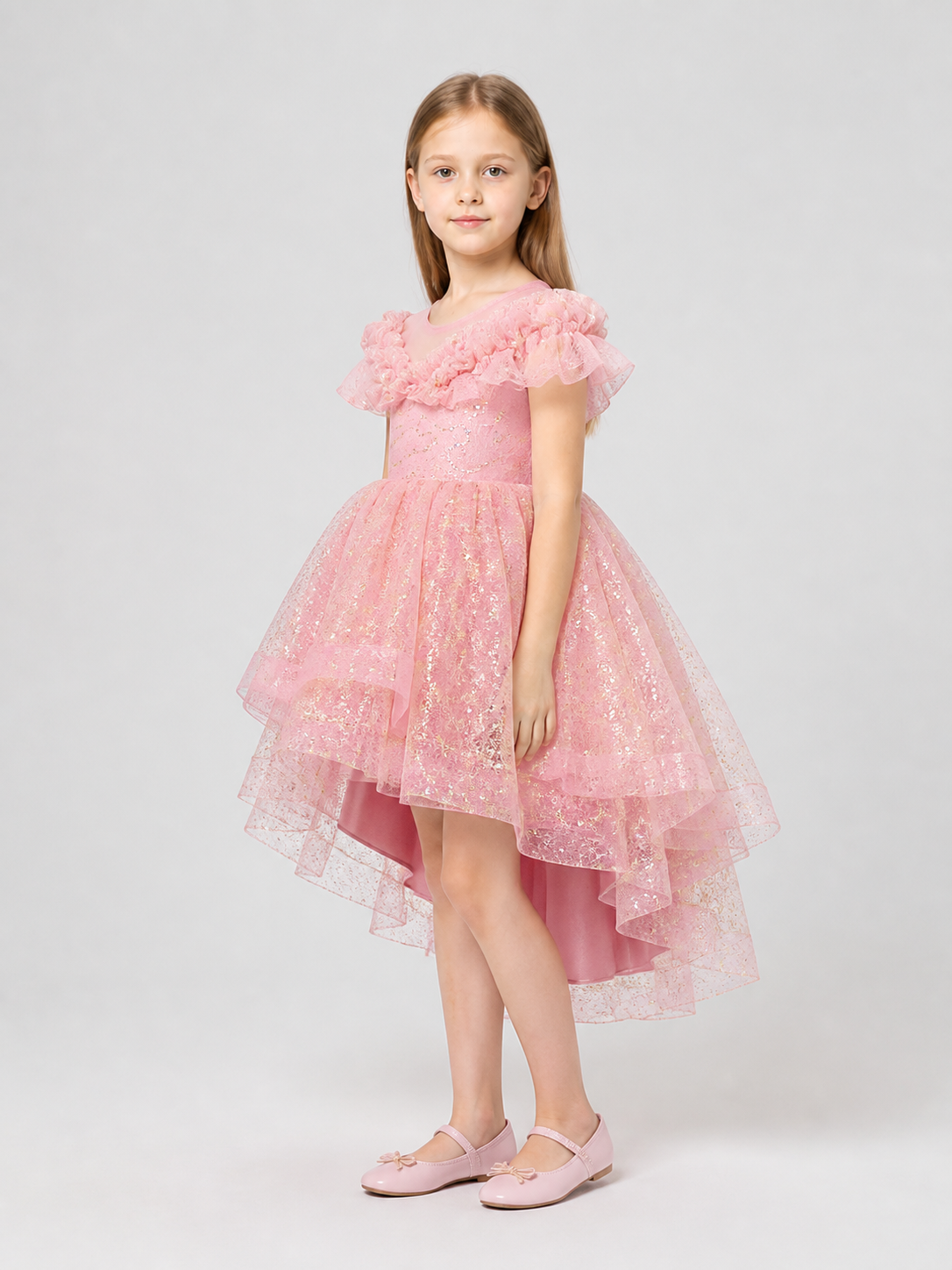 Sequin Princess Dress with Full Skirt and Ruffles side view