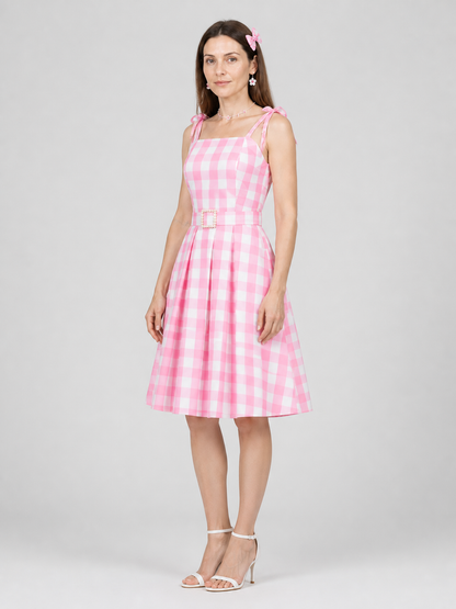 Barbie Pink-and-White Checkered Cosplay Dress side view