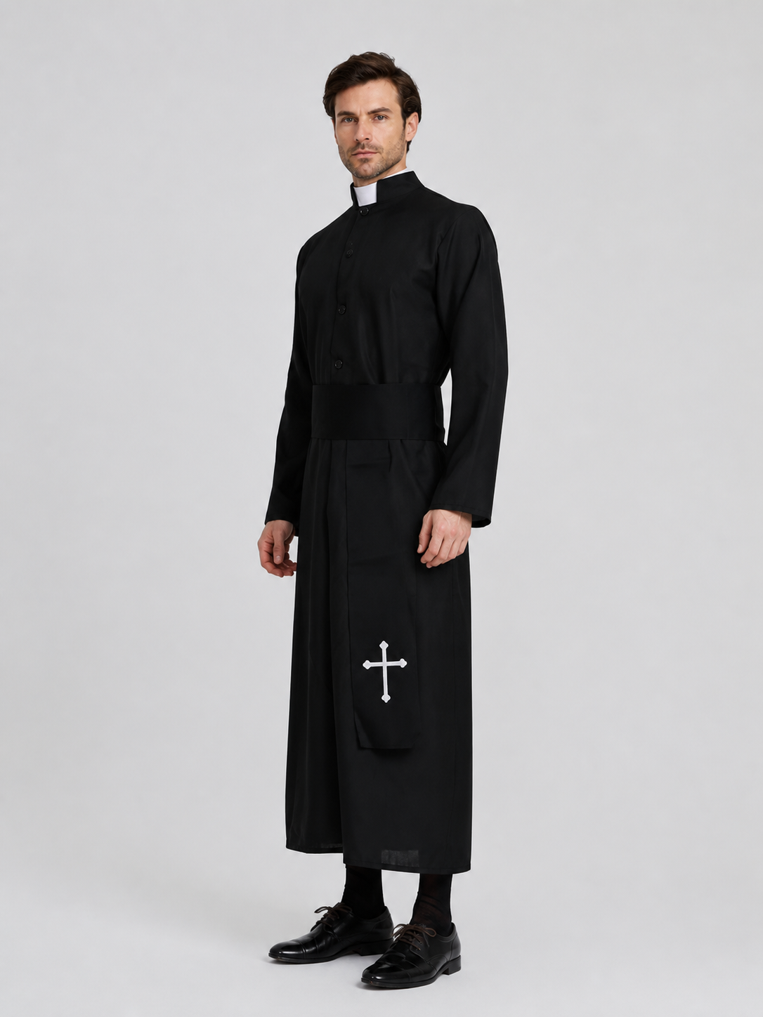 Priest Costume for Role-Playing, Black Cassock with Cross side view