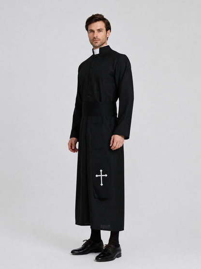 Priest Costume for Role-Playing, Black Cassock with Cross side view