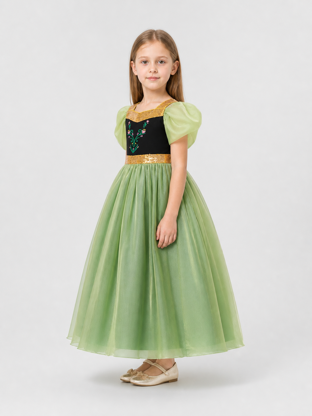 Green Princess Dress for Girls with a Tulle Skirt side view