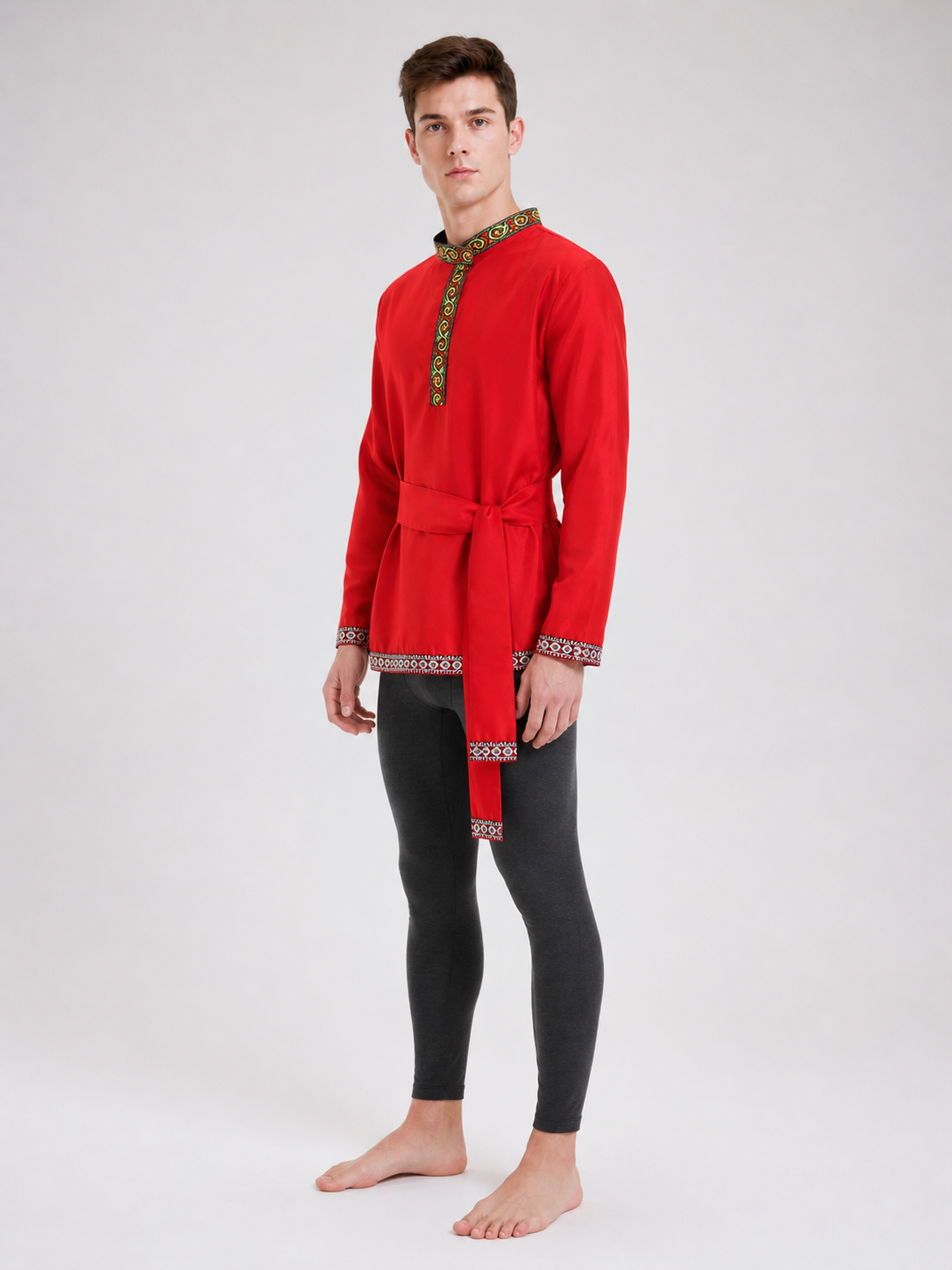 Embroidered Tunic with Stand Collar and Belt