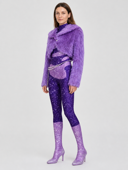 Cosplay Costume: Purple Coat, Bodysuit, and Chain side view