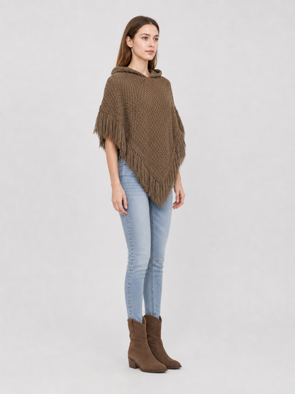 Triangle Hooded Cape with Fringe, Brown side view