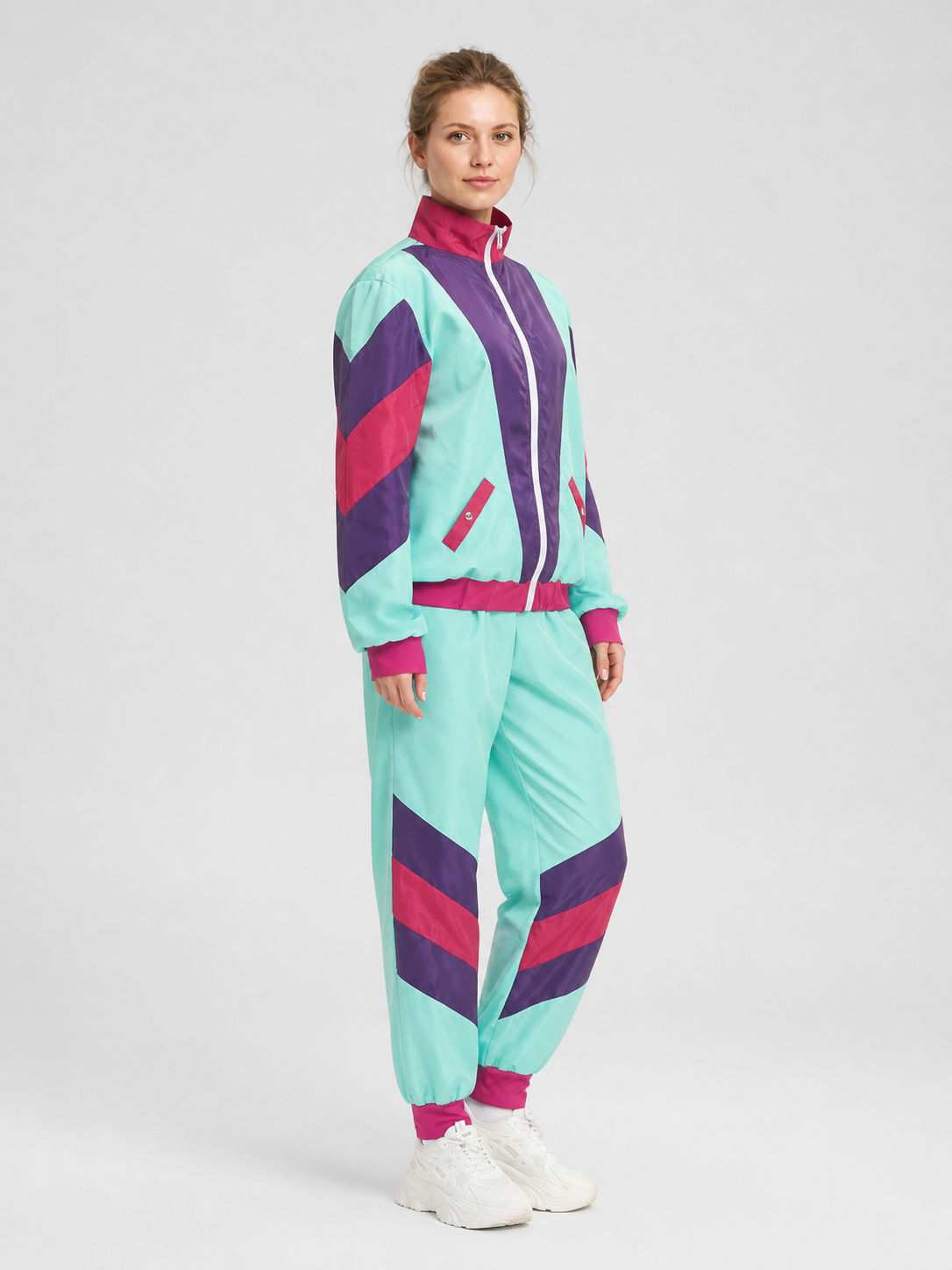 Color-Striped Jumpsuit with Zipper and Stand Collar side view