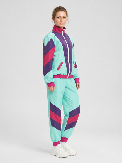 Color-Striped Jumpsuit with Zipper and Stand Collar side view
