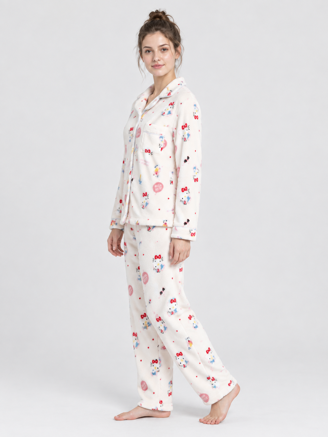 Flannel Pajamas with Cartoon Print, Cream White
