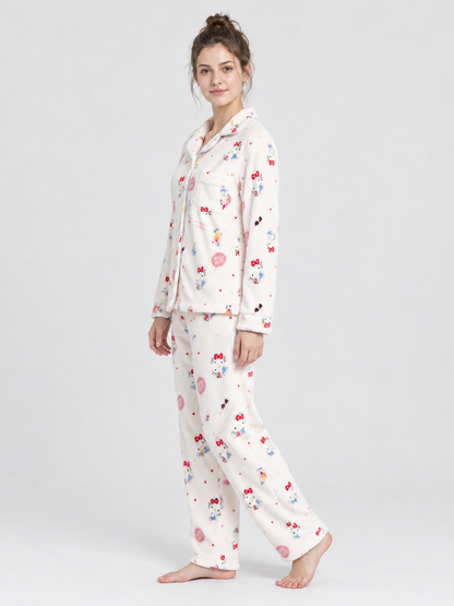 Flannel Pajamas with Cartoon Print, Cream White