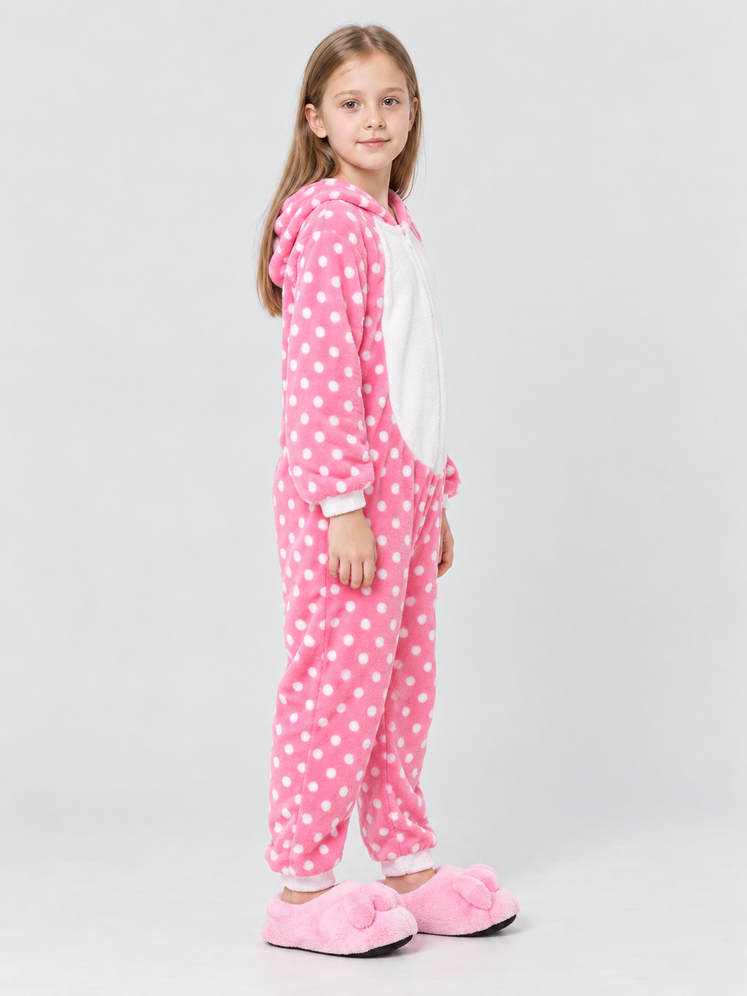 Kids' Hooded One-Piece Pajama, Pink with Polka Dots