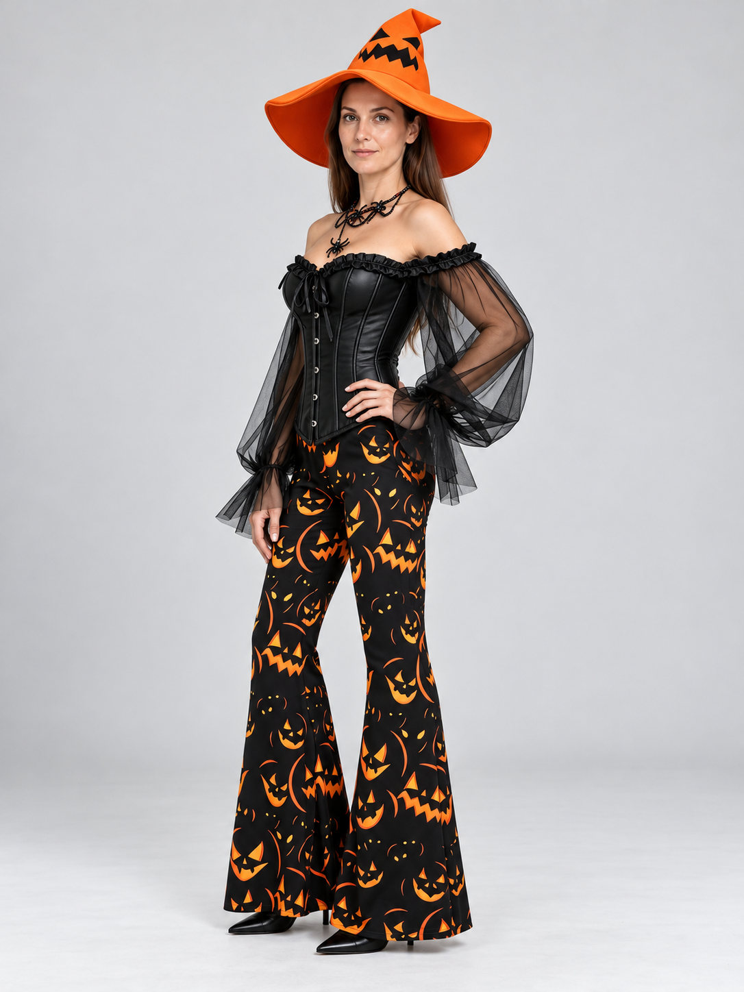 Witch Halloween Costume with Corset, Flared Pants, and Hat
