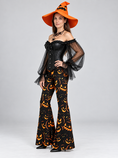 Witch Halloween Costume with Corset, Flared Pants, and Hat