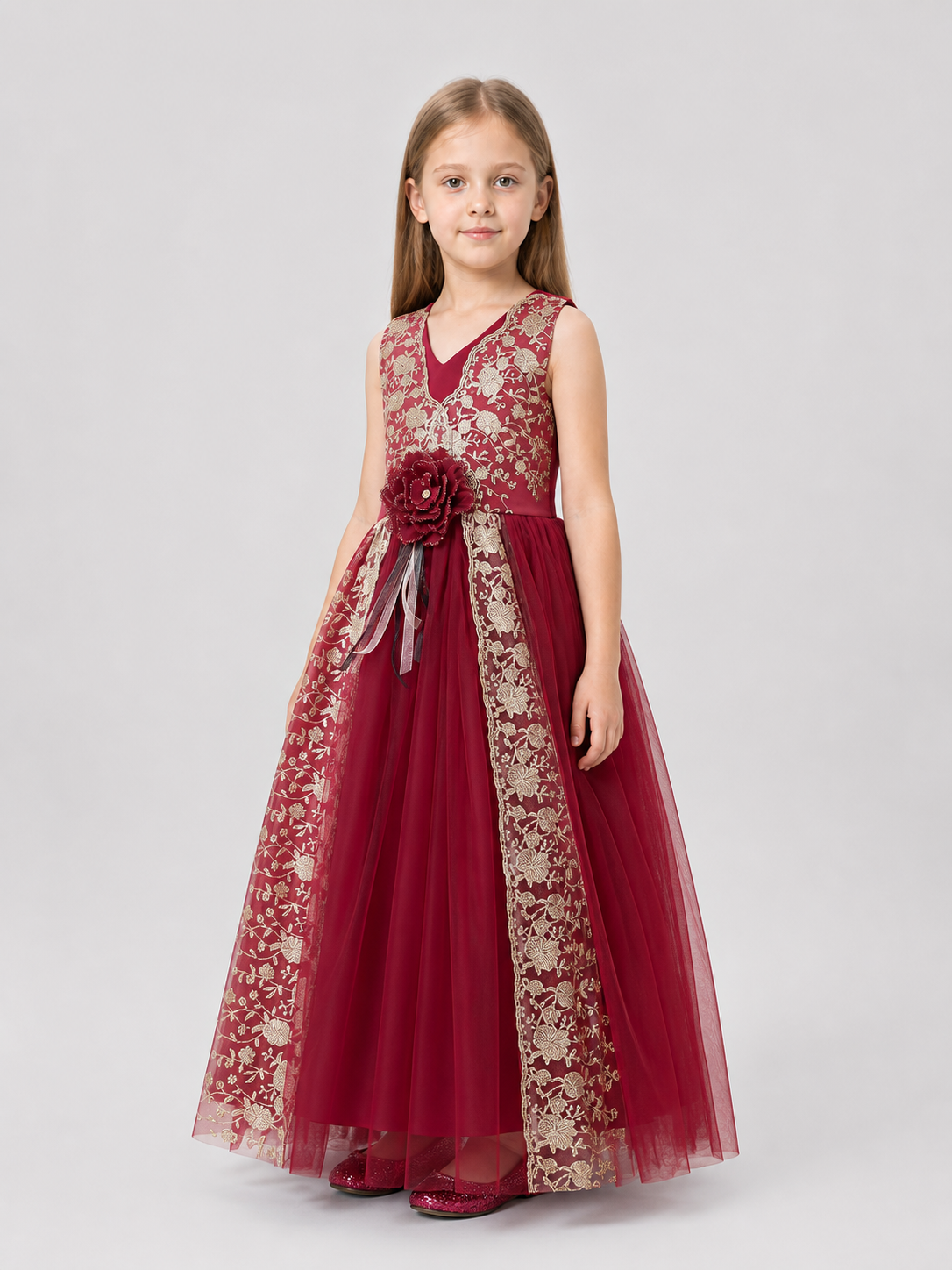 Princess Dress with Gold Embroidery, Full-Skirted Maxi side view