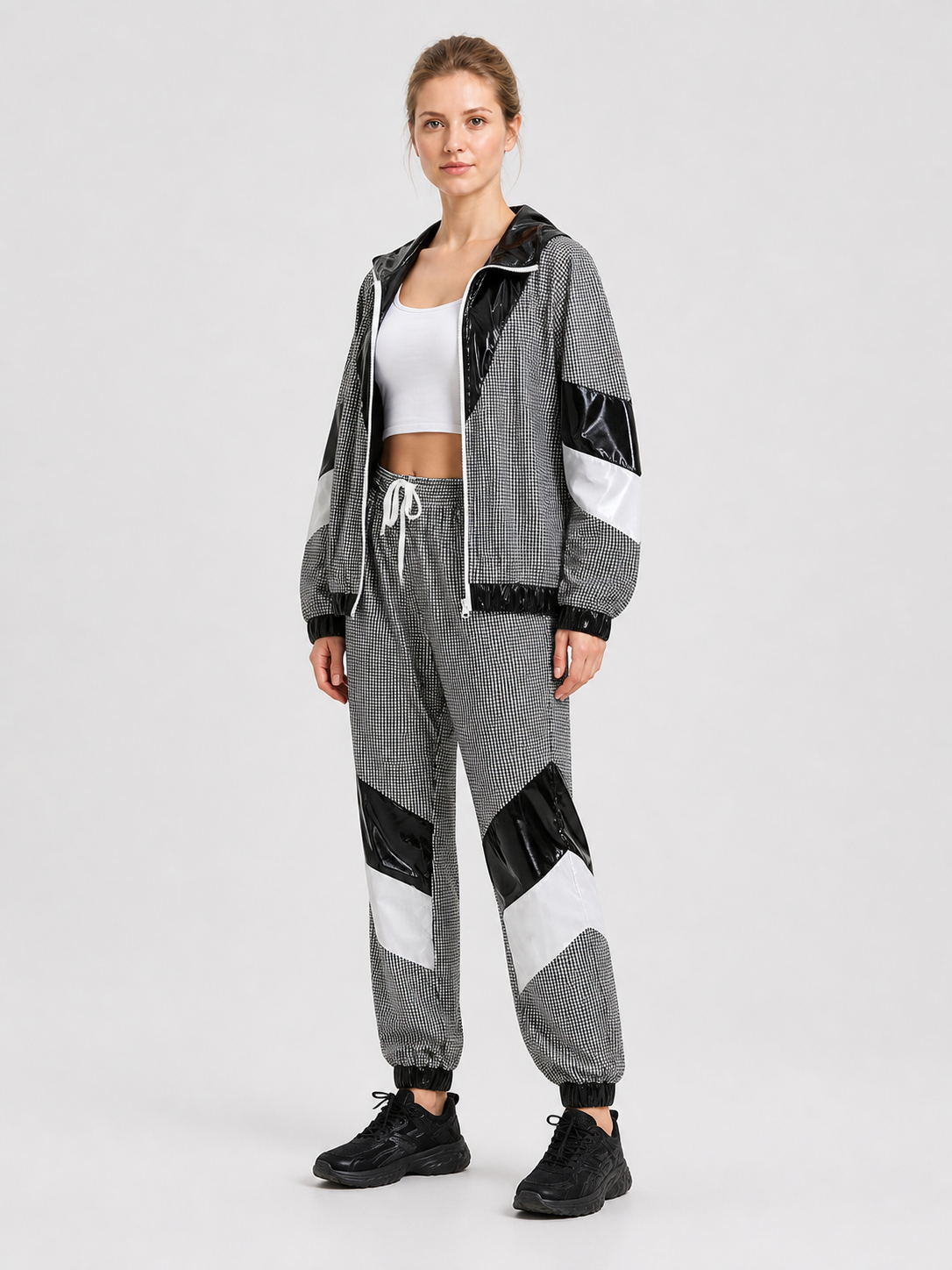 Retro Hooded Tracksuit, Black and Silver side view