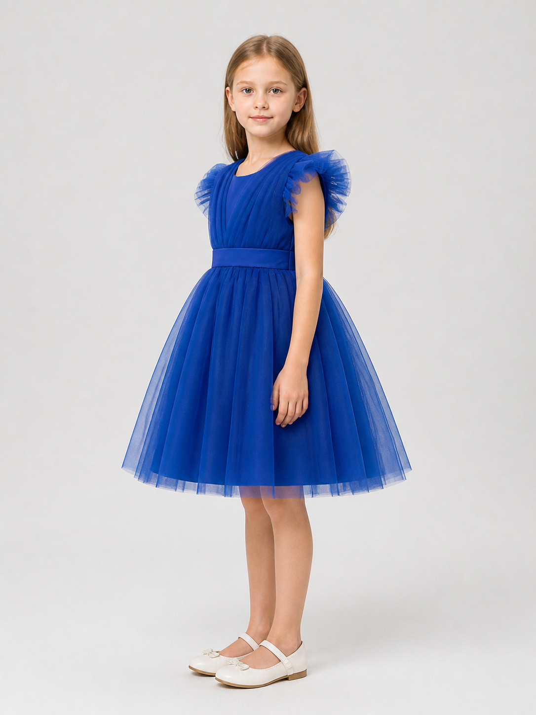 Full Blue Princess Dress with a Mesh Skirt and Ruffles side view