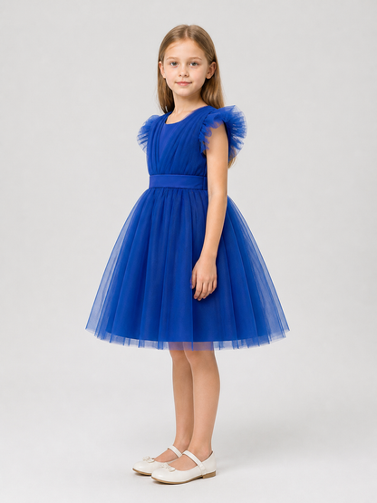 Full Blue Princess Dress with a Mesh Skirt and Ruffles side view