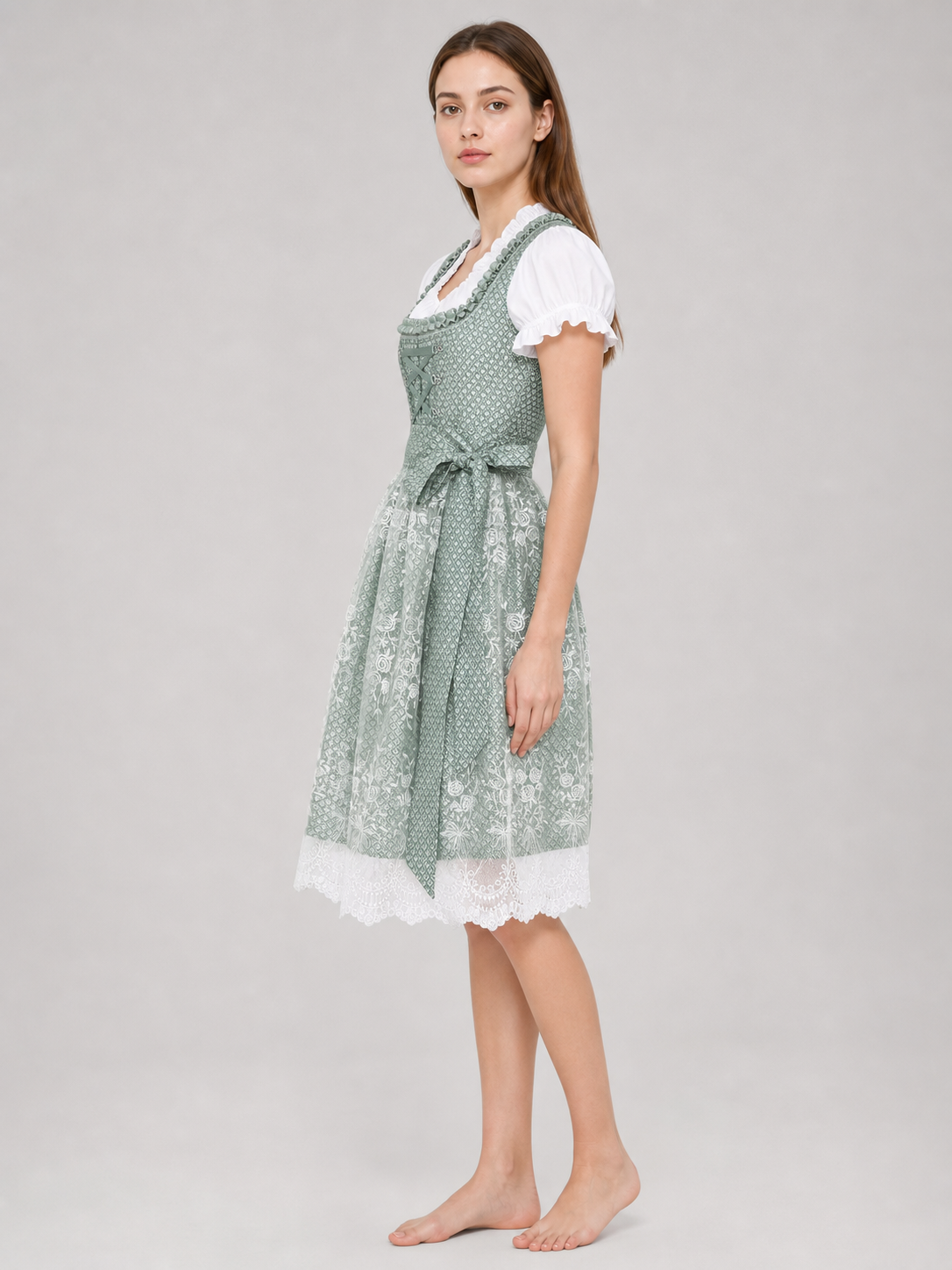 Green Dirndl Dress with Lace and Front Lacing